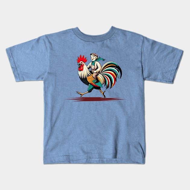 Kid riding on a rooster Kids T-Shirt by Art_Boys